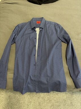 HUGO Navy Blue Micro-Pattern Long-Sleeve Dress Shirt